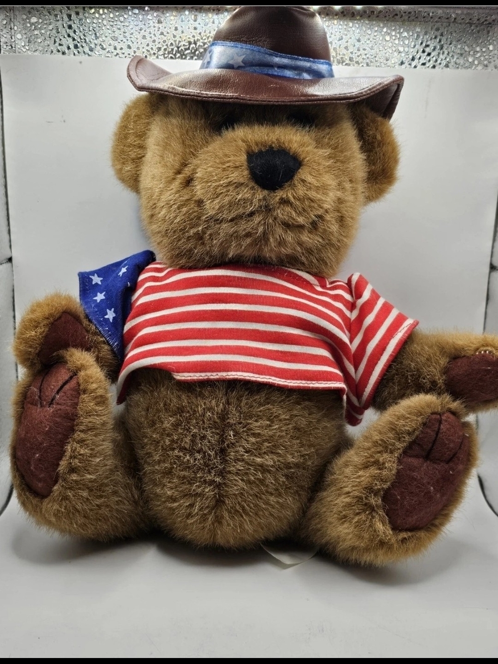 Brown Teddy Bear Stuffed Plush Cowboy Hat American Flag USA Shirt, 12" X 9"